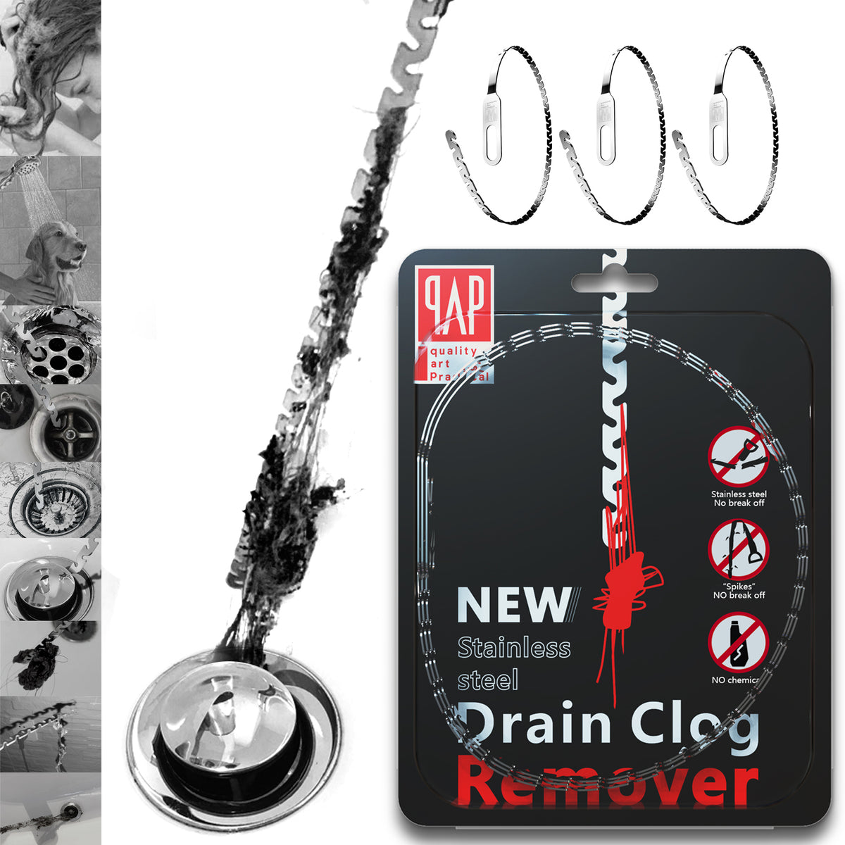 Stainless Steel Drain clog remover（20inch）+ Stainless Steel Drain Hair –  qAp 1980