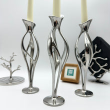 Load image into Gallery viewer, Artistic Cast Stainless Steel Taper Candle Holder - 9.5 Inch Modern Sculpture Design, Hand-Polished Wedding &amp; Dining Table Centerpiece - 1-Piece Indoor/Outdoor Decor (Luxury Gift)
