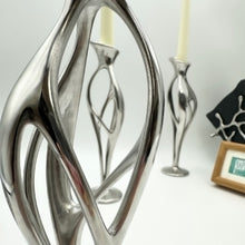Load image into Gallery viewer, Artistic Cast Stainless Steel Taper Candle Holder - 9.5 Inch Modern Sculpture Design, Hand-Polished Wedding &amp; Dining Table Centerpiece - 1-Piece Indoor/Outdoor Decor (Luxury Gift)