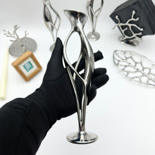 Load image into Gallery viewer, Artistic Cast Stainless Steel Taper Candle Holder - 9.5 Inch Modern Sculpture Design, Hand-Polished Wedding &amp; Dining Table Centerpiece - 1-Piece Indoor/Outdoor Decor (Luxury Gift)